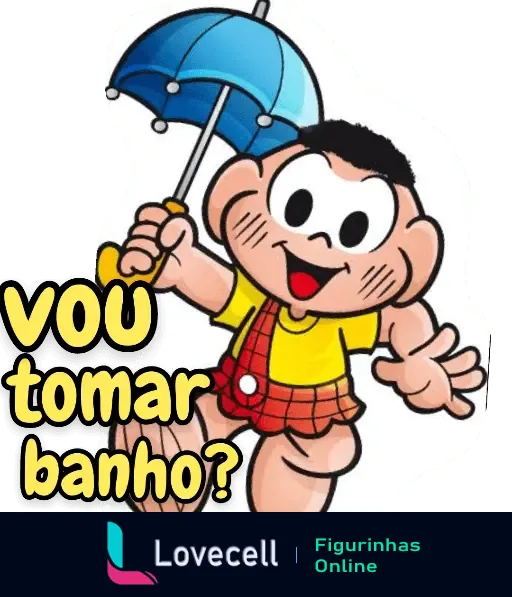 Personagem animado com guarda-chuva azul e expressão sorridente, junto à frase 'Vou tomar banho?', fundo de Tempo Sol e chuva.