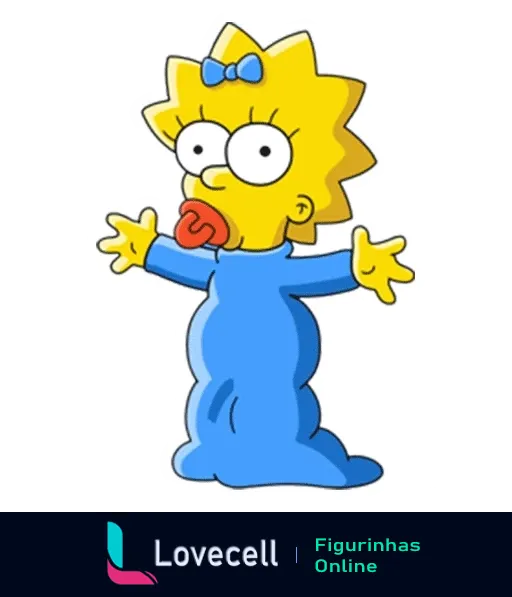 Maggie Simpson surpresa com boca aberta e mãos estendidas, vestida com macacão azul e laço azul na cabeça