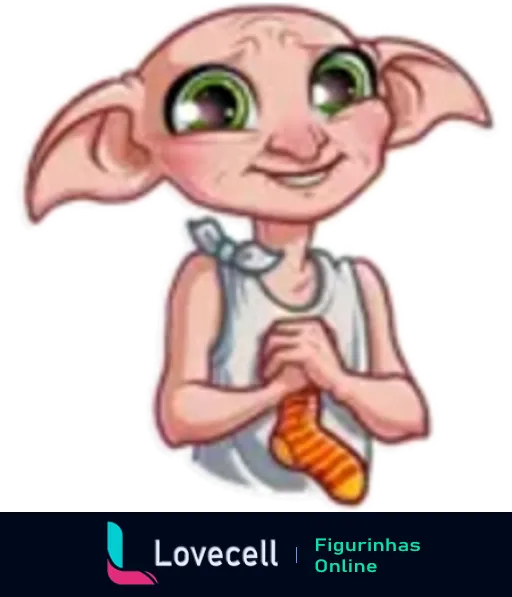 Figurinha de Dobby, o elfo doméstico de Harry Potter, com olhos verdes e sorriso tímido, segurando uma meia, vestindo túnica cinza.