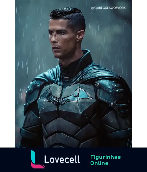 Cristiano Ronaldo vestindo traje de Batman em uma tempestade, com gotas de chuva caindo sobre ele, transmitindo intensidade e dramaticidade.