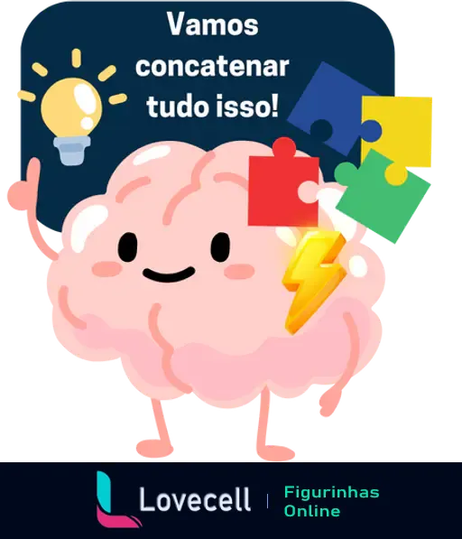 Ilustração de um cérebro fofo com uma lâmpada acesa, peças de quebra-cabeça coloridas e um raio. Texto: 'Vamos concatenar tudo isso!'.