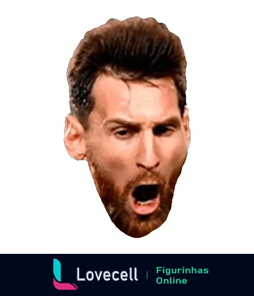 Caricatura exagerada de Lionel Messi gritando intensamente, expressando forte emoção durante uma partida de futebol