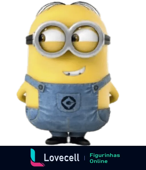 Figurinha de Minion sorridente do filme 'Meu Malvado Favorito', usando óculos redondos prateados e macacão jeans com logo da Gru