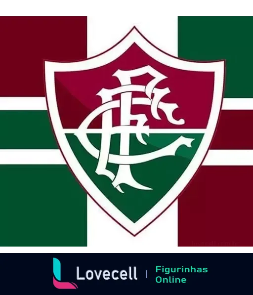 Figurinha do escudo do Fluminense Football Club com cores verde, branco e grená, incluindo detalhes da cruz de Malta, simbolizando a tradição do time carioca no futebol