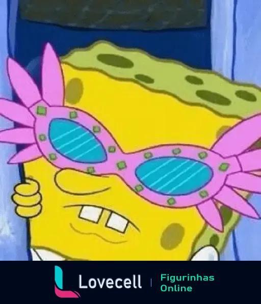 Bob Esponja usando óculos de sol rosa grandiosos com lentes azuis, uma cena da popular animação Bob Esponja Calça Quadrada.