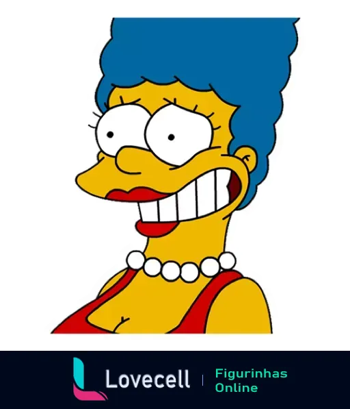 Figurinha de Marge Simpson nervosa, com cabelo azul alto e vestido vermelho, do desenho Os Simpsons