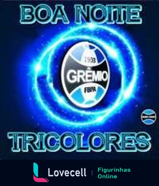 Figurinha de 'Boa Noite' com escudo do Grêmio FBPA brilhando em azul, inscrição 123 e símbolo tricolor