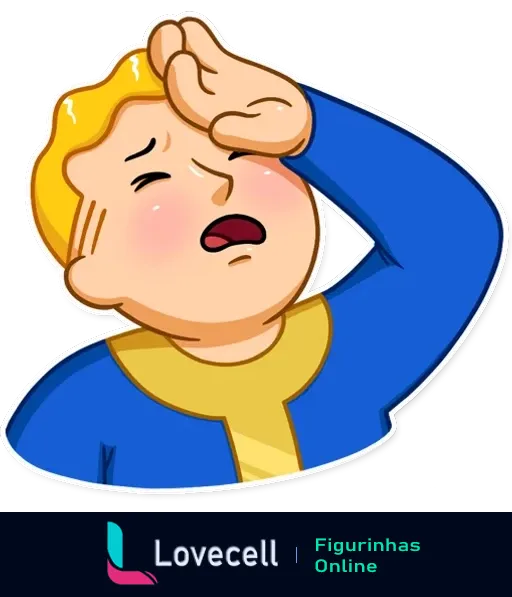 Fallout Vault Boy com expressão exasperada, mão na testa, representando desapontamento ou frustração em desenho animado.