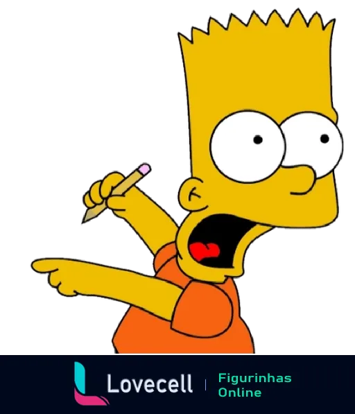 Bart Simpson entusiasmado apontando para algo fora de quadro com a boca aberta e vestindo camiseta laranja