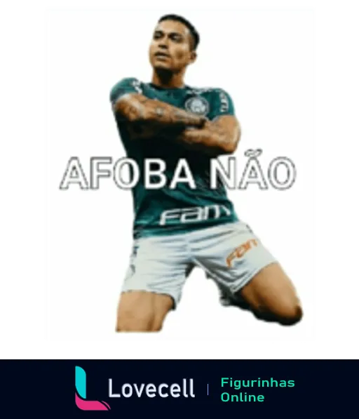 Figurinha de WhatsApp 'A Foba Não' com jogador do Palmeiras vestindo uniforme verde e com braços cruzados, exibindo expressão determinada e frase 'AFOBA NÃO' destacada