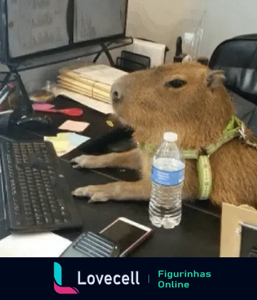 Capivara sentada em uma mesa de escritório com computador, documentos e garrafa de água, parecendo estar trabalhando.