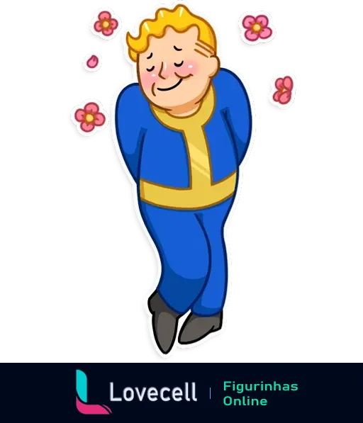 Figurinha do personagem Vault Boy do jogo Fallout, com expressão de timidez, rostinho corado e cercado por flores cor-de-rosa.