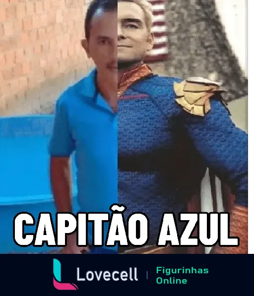 Montagem engraçada de Manoel Gomes, famoso pelo hit Caneta Azul, lado a lado com um super-herói nomeado Capitão Azul.