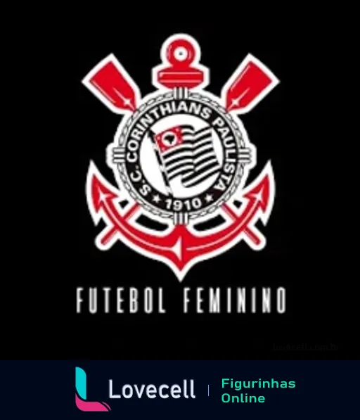 Emblema do Corinthians para futebol feminino com logo tradicional em preto e branco, elementos em vermelho e faixa inscrita 'Futebol Feminino'