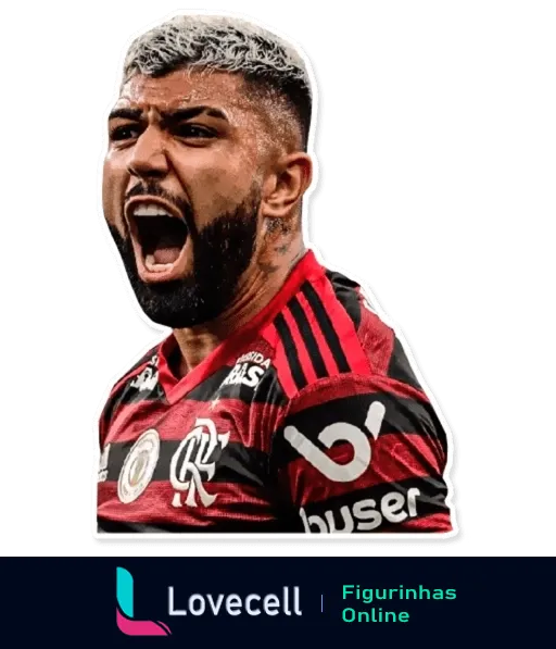 Jogador do Flamengo comemorando com expressão intensa e cabelo curto raspado nas laterais, vestindo camisa do time e gritando durante um jogo