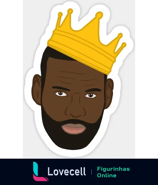 Figurinha de Lebron James da pasta 'Lebron James stickers', mostrando o rosto do jogador com uma coroa dourada de rei na cabeça, simbolizando sua majestade no basquete.