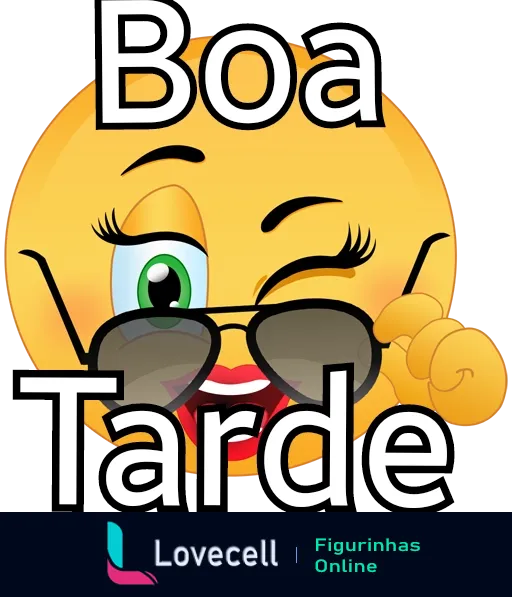 Emoji amarelo sorridente e piscando com óculos escuros acenando, acompanhado do texto 'Boa Tarde' para saudação de tarde em conversas descontraídas