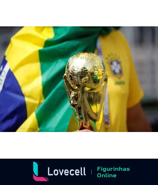 Pessoa com bandeira do Brasil sobre os ombros segurando o troféu da Copa do Mundo de Futebol, refletindo a importância do evento