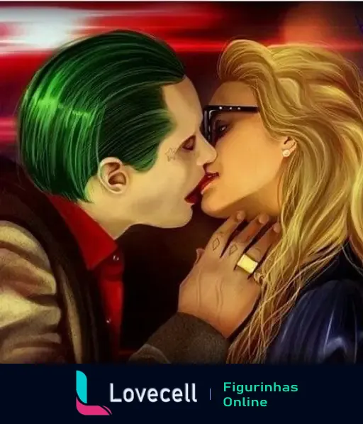 Coringa e Arlequina se beijando em um fundo vibrante. Ilustração estilizada com detalhes do personagem e romance evidente.