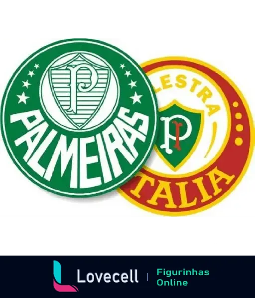 Figurinha com os símbolos clássicos do Palmeiras: o atual em verde e branco e o antigo Palestra Itália em amarelo e vermelho.