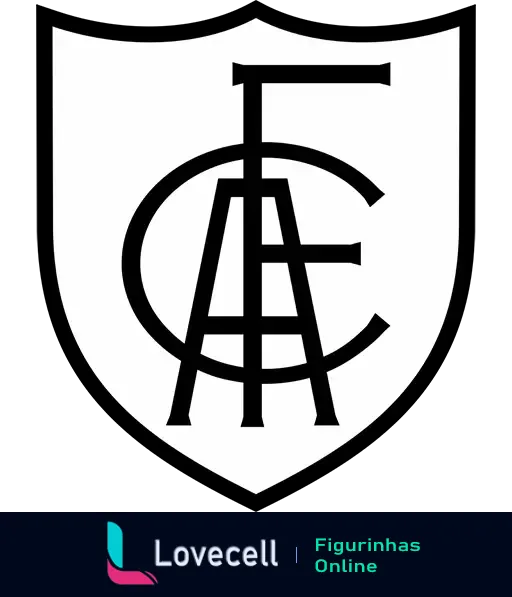 Escudo do América Mineiro em preto e branco com as letras 'A' e 'C' entrelaçadas e torre de transmissão ao fundo