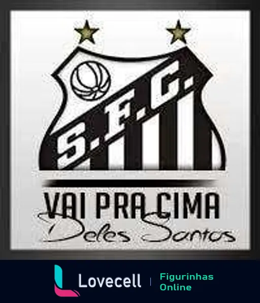 Figurinha com escudo do Santos Futebol Clube em preto e branco, duas estrelas douradas acima e uma bola de basquete no topo, com o lema 'Vai Pra Cima Deles Santos' em destaque abaixo do escudo