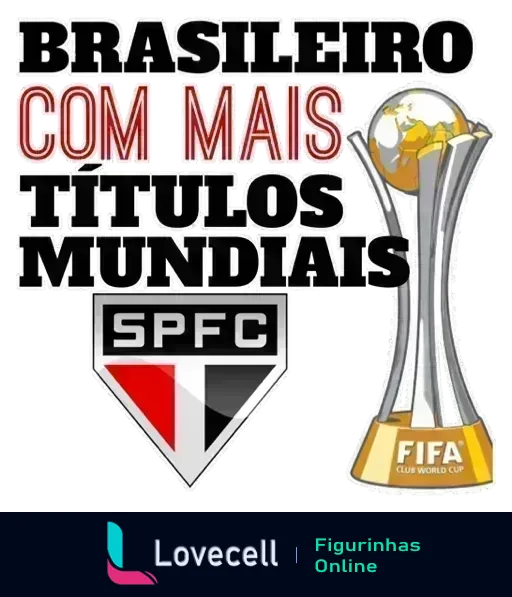 Escudo do São Paulo Futebol Clube ao lado do troféu da Copa do Mundo de Clubes da FIFA com o texto 'Brasileiro com Mais Títulos Mundiais'