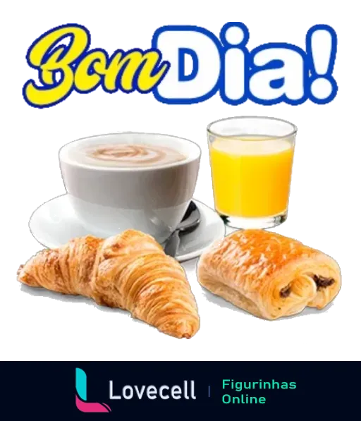 Figurinha de Bom Dia com café da manhã incluindo café, suco de laranja e croissants