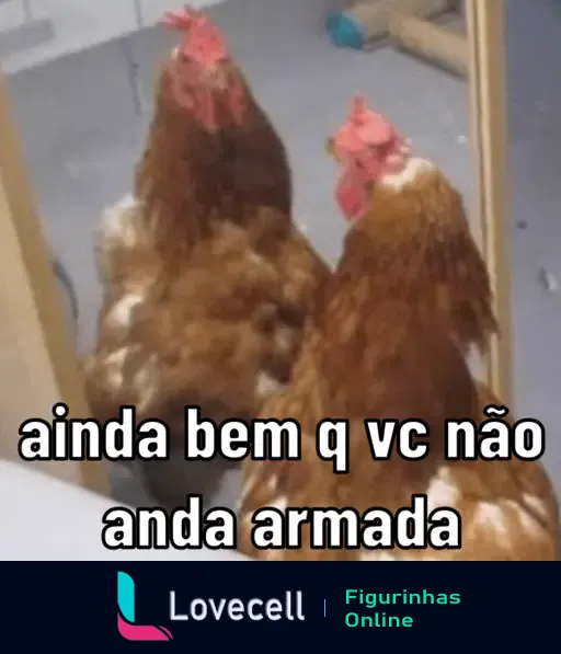 Galinha olhando para um espelho com a frase 'ainda bem q vc não anda armada', representando uma situação cômica e irônica.