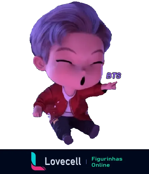 Personagem animado e divertido do BTS com cabelo roxo, vestindo jaqueta vermelha, apontando e sorrindo, destacando o amor pelo grupo.