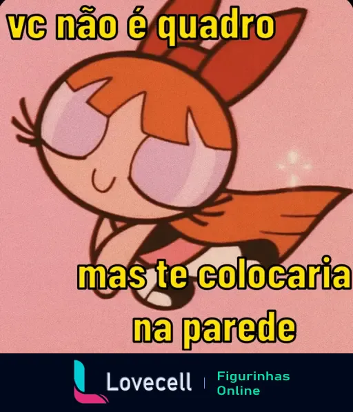 Figurinha engraçada com personagem de desenho e cantada: 'vc não é quadro mas te colocaria na parede'. perfeita para flertar com humor.