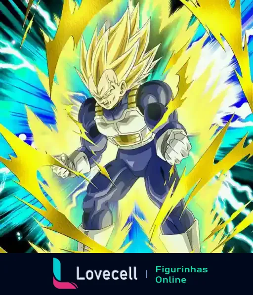 Super Vegeta transformado com cabelo dourado, postura de combate, eletricidade e energia ao seu redor.