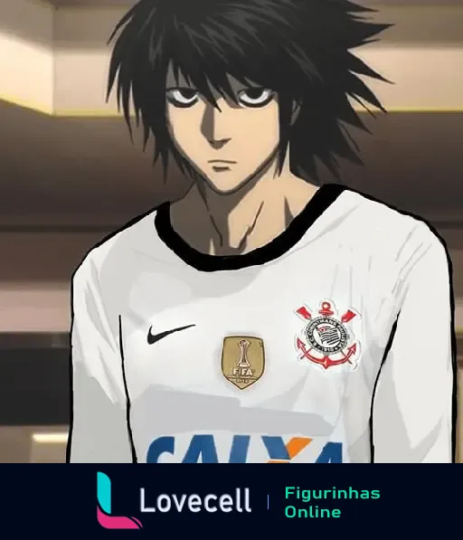 Personagem de anime com cabelo preto e bagunçado, usando a camisa do Corinthians da temporada de 2012, patrocinada pela Caixa, comemorativo da vitória mundial. Pasta: VAI CORINTHIANS ANIME.