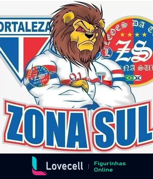 Mascote do Fortaleza, leão com expressão séria usando uniforme do clube, emblema e inscrição 'Zona Sul' no fundo