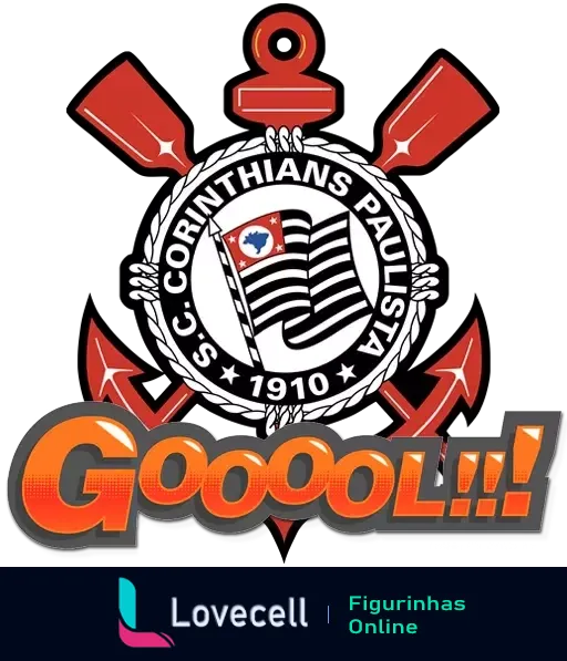 Figurinha celebrando gol do Corinthians com escudo do clube, inscrição 1910 e âncora, com a palavra 'Goooooool!!!' em destaque