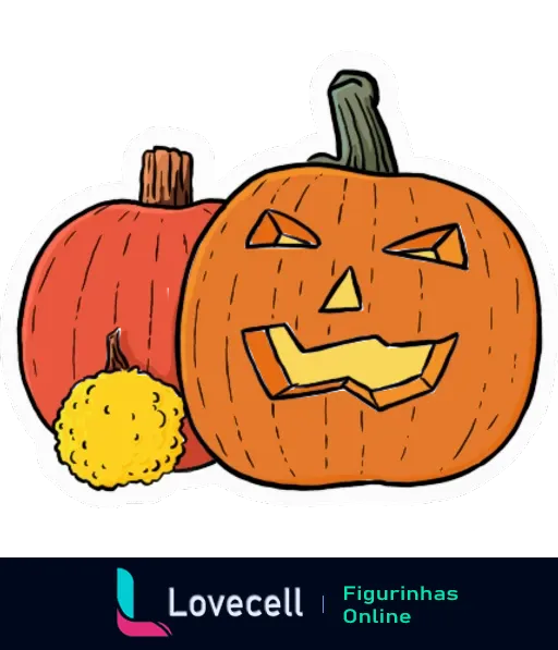 Figurinha do WhatsApp mostrando duas abóboras de Halloween com uma decorada como Jack-o'-lantern ao lado de uma abóbora laranja e uma fruta amarela.