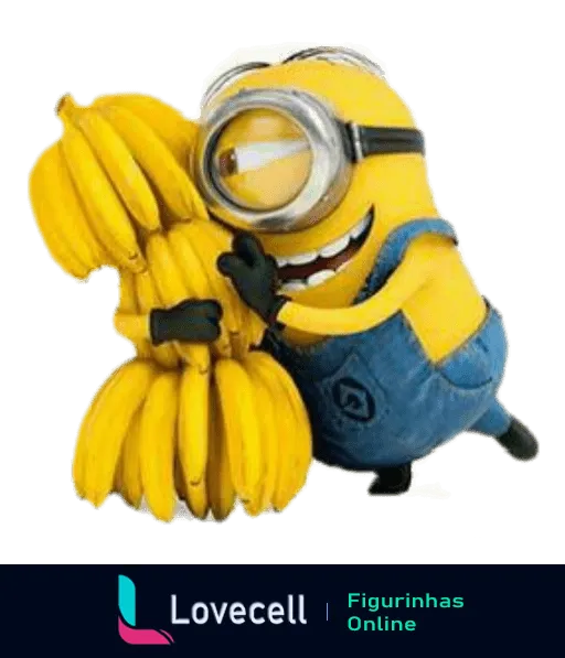 Minion feliz abraçando um grande cacho de bananas, usando óculos e traje jeans azul, com fundo removido