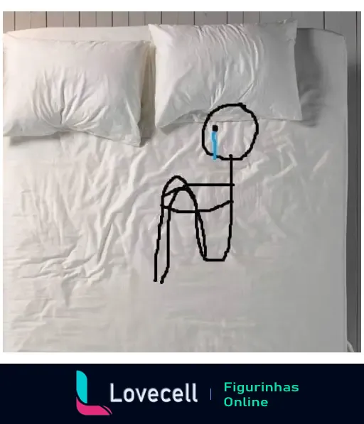 Figurinha de desenho simples de um boneco triste sentado em uma cama desarrumada, com uma lágrima azul caindo do olho