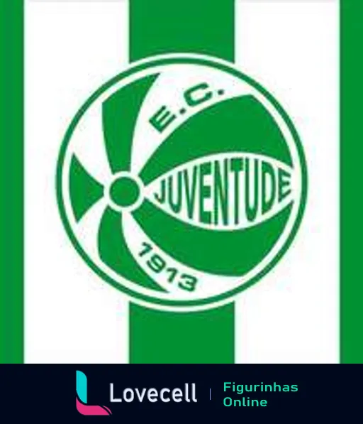 Figurinha com o escudo do Esporte Clube Juventude no fundo verde e branco, cercado por uma roda de hélice, representando a tradição e identidade do clube fundado em 1913