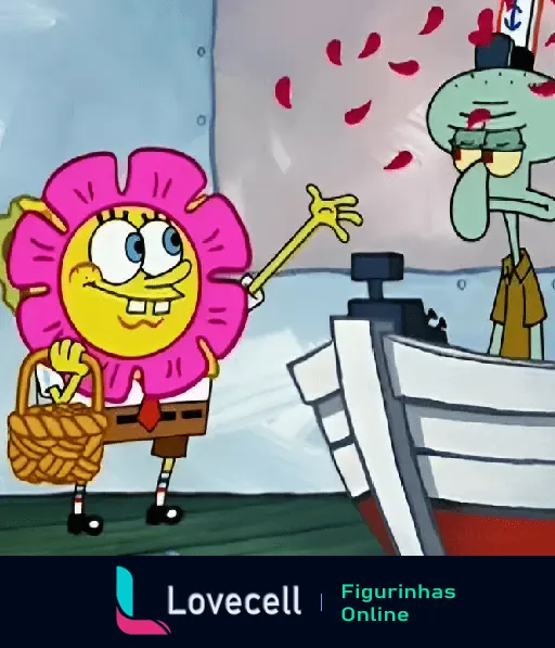 Bob Esponja vestido com uma flor rosa na cabeça segurando uma cesta, enquanto Lula Molusco observa com pétalas caindo ao fundo.