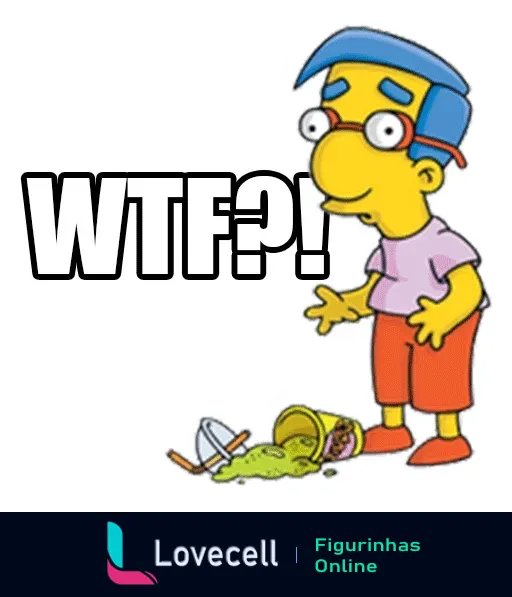 Figurinha do Milhouse dos Simpsons com expressão surpresa e confusa olhando para uma lata de lixo derrubada, com a frase 'WTF?!' destacada