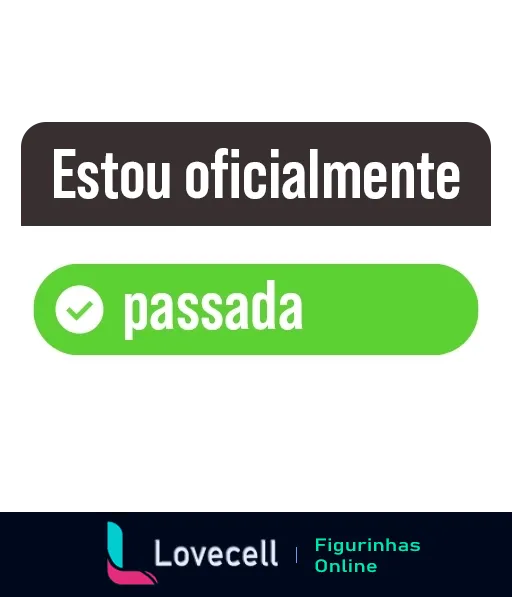 Figurinha com texto 'Estou oficialmente passada' e ícone de verificação verde sobre fundo cinza, expressando surpresa ou choque de forma humorística