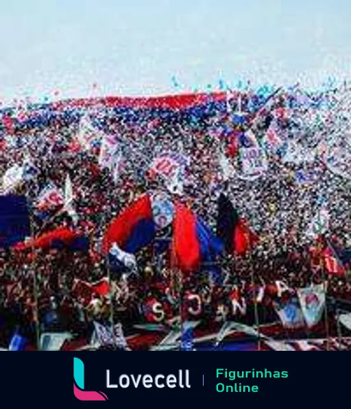 Torcida do Cerro Porteño em arquibancada, entusiasmada com bandeiras azuis, vermelhas e brancas, mostrando cartazes de apoio durante partida de futebol