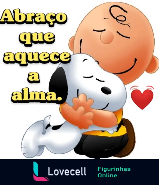 Figurinha de Charlie Brown abraçando Snoopy com alegria e carinho, texto 'Abraço que aquece a alma' transmitindo amor e conforto