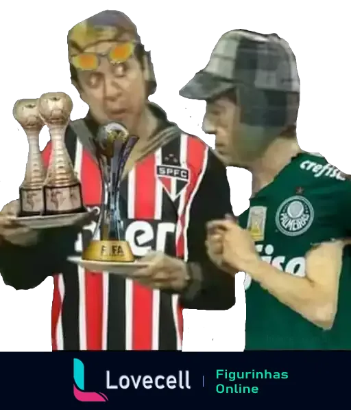 Figurinha de torcedor do São Paulo segurando troféu ao lado de um torcedor cabisbaixo do Palmeiras, destacando a rivalidade no futebol brasileiro