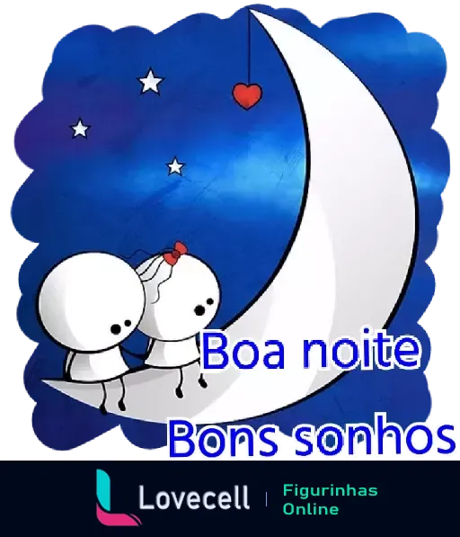 Figurinha de Boa Noite com dois personagens abraçados na lua crescente sob céu estrelado com texto Boa Noite Bons Sonhos