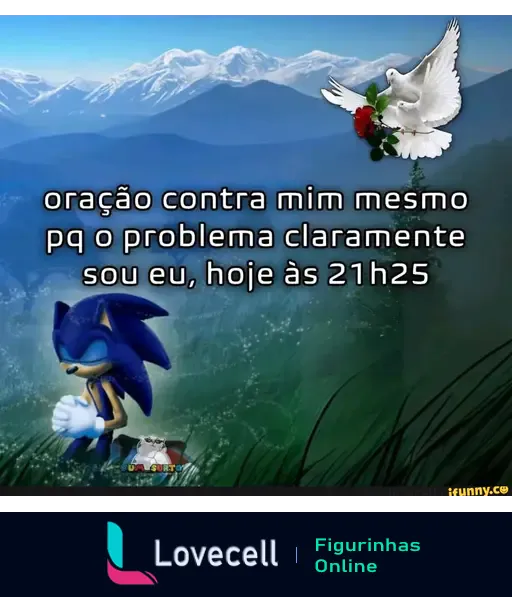 Meme com a frase 'oração contra mim mesmo pq o problema claramente sou eu, hoje às 21:25', apresentado com um fundo de montanhas e um desenho de um personagem azul com expressão triste.