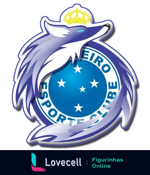 Figurinha do Cruzeiro mostrando um lobo estilizado com uma coroa dourada, envolvendo o escudo do time com estrelas azuis.