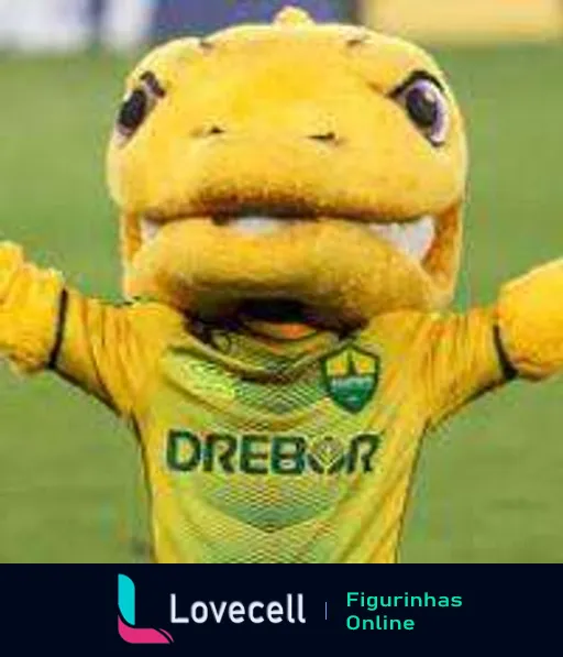 Mascote do Cuiabá Esporte Clube, um dinossauro sorridente vestido com uniforme amarelo e verde, expressando entusiasmo em um evento esportivo