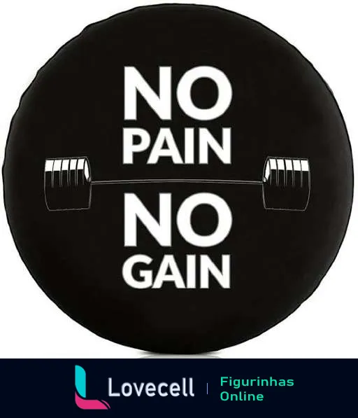 Figurinha com fundo preto e frase 'NO PAIN NO GAIN' em letras brancas, com ilustração de um haltere no centro